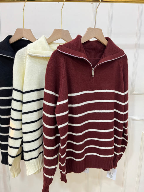 Heavy Knitted Collar Zip Stripes Pullover